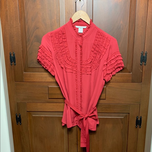 Peter Nygard red silk button belted ruffle shirt 6 - Picture 3 of 9